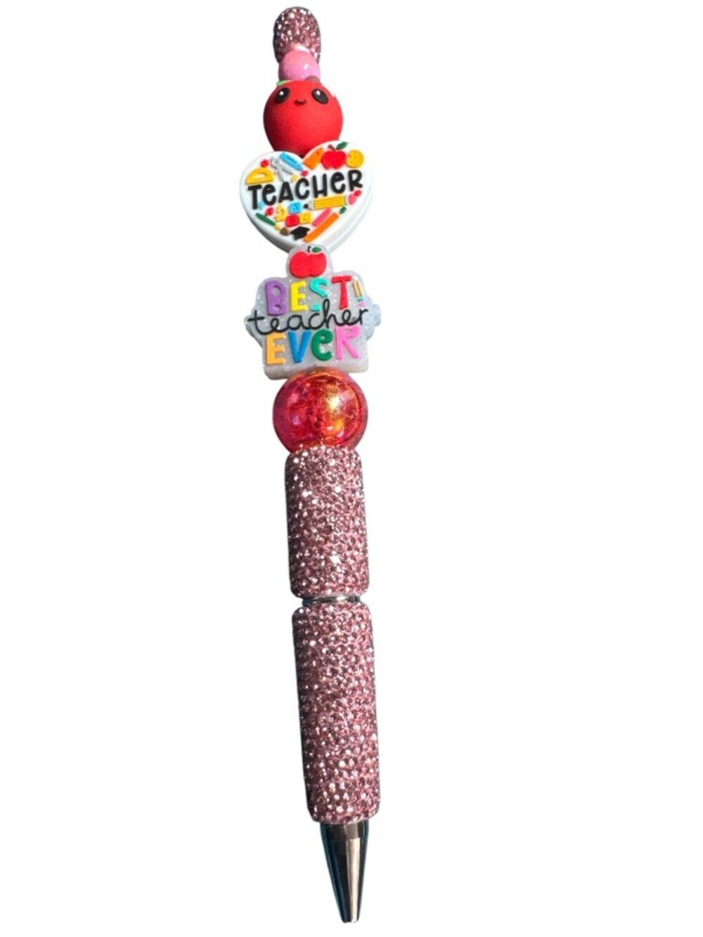 Best Teacher Ever Beaded Glitter Pen With Apple & Heart Charm Accents